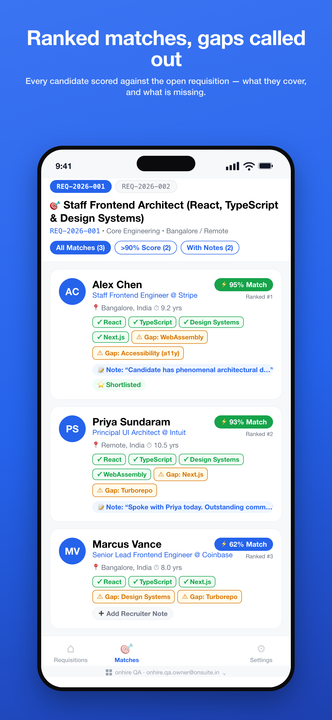 Phone — Matches: ranked candidates with matched skills, gaps and notes